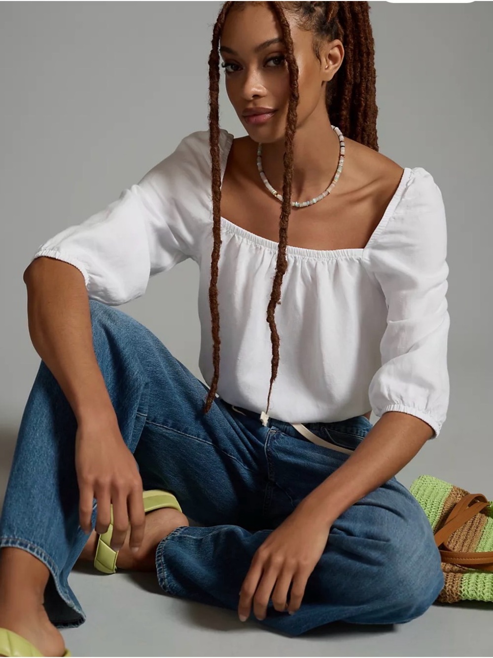 Anthropology- Cloth & Stone White Elastic Square Neck Blouse
